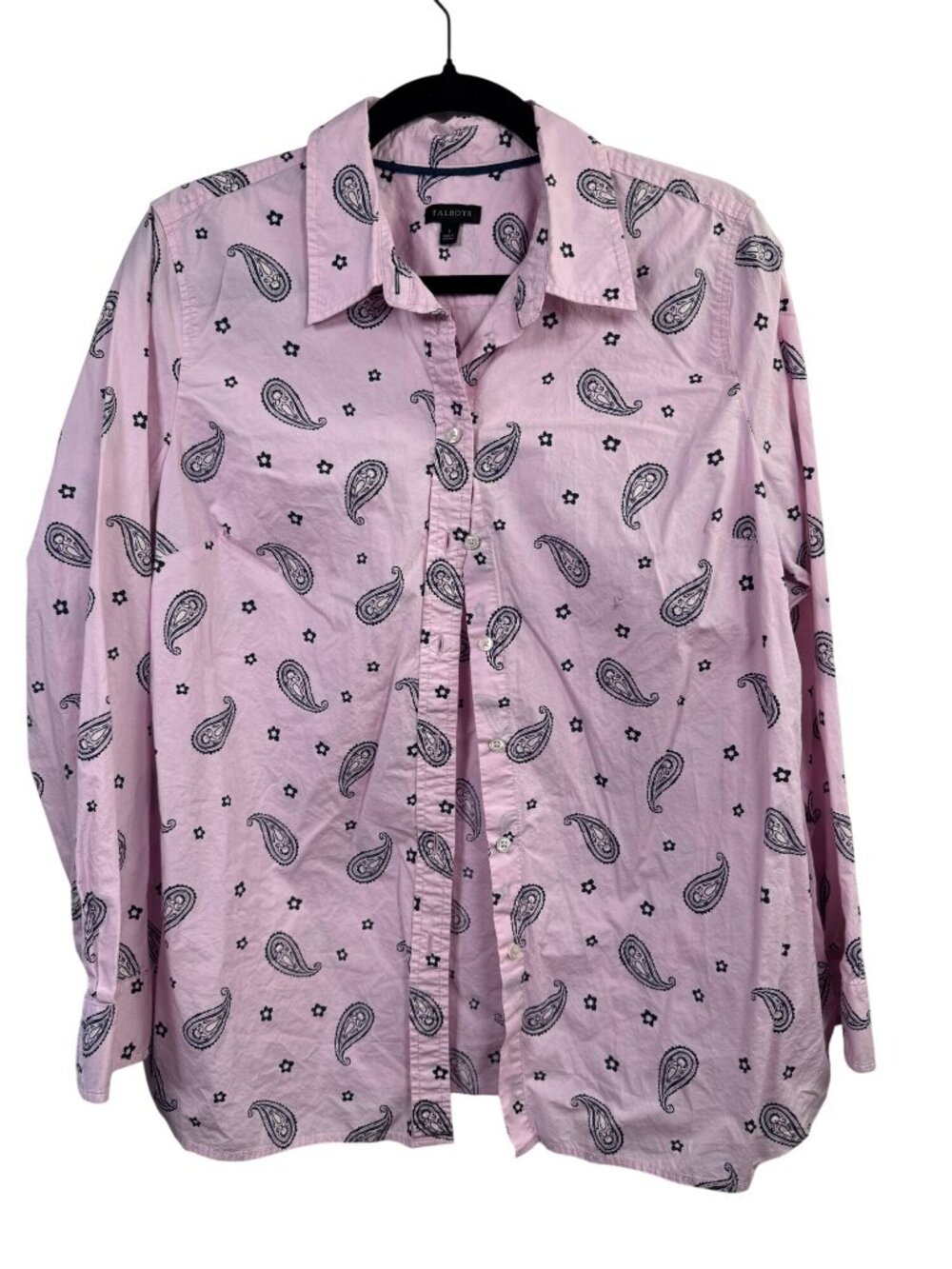 Talbots Womens Pink Paisley Button Up Shirt 100% Cotton Long Sleeves Size Large